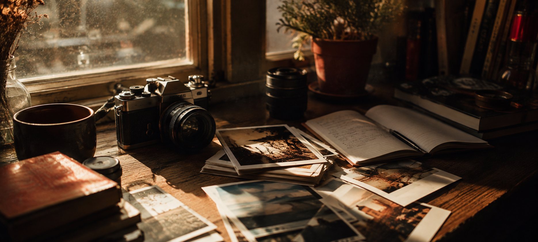 Cámara analógica y fotografías reveladas sobre un escritorio junto a una ventana