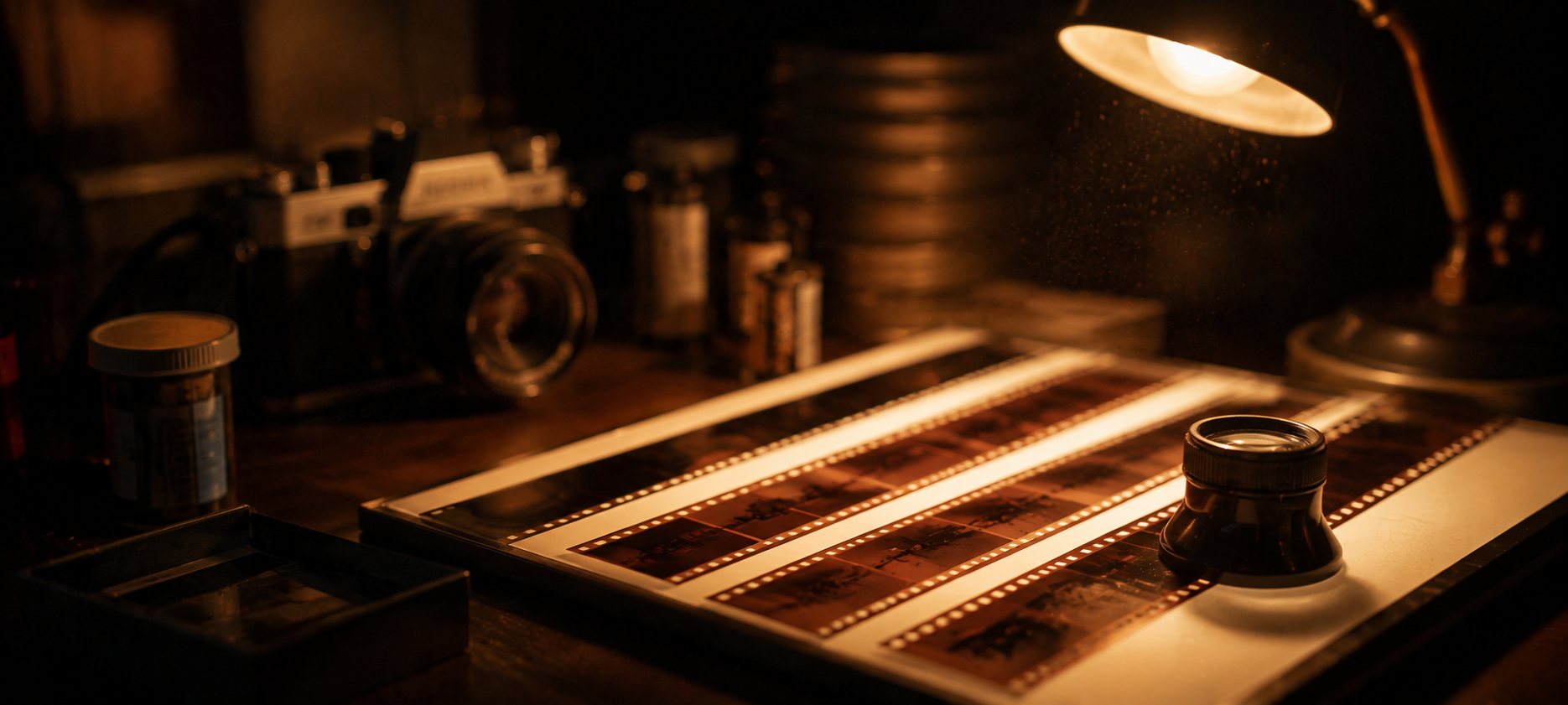 Mesa de luz con negativos, cámara analógica y latas de película en Isla Film Lab
