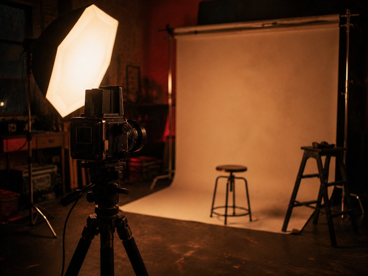 Estudio de fotografía de Isla Film Lab con iluminación y fondo preparados